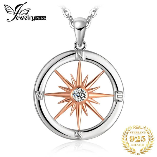Sun Star Compass Circle 925 Sterling Silver Rose Gold Pendant Necklace (No Chain) - Blissfullplanet